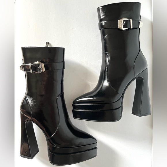 Killstar Shoes - Killstar Signature Sharpness Boots Black Faux Patent Leather Block Heel Size 7